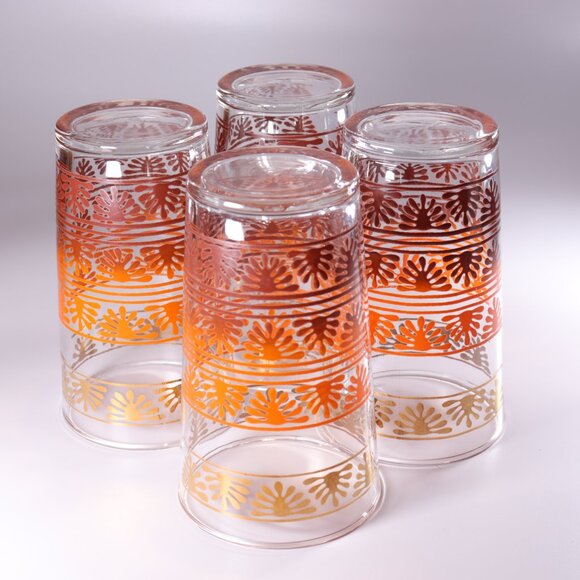 Federal Glass Juice Glasses 4 Bands of Acorn Leaves Autumn Colours MCM Set of 4 - Picture 4 of 4